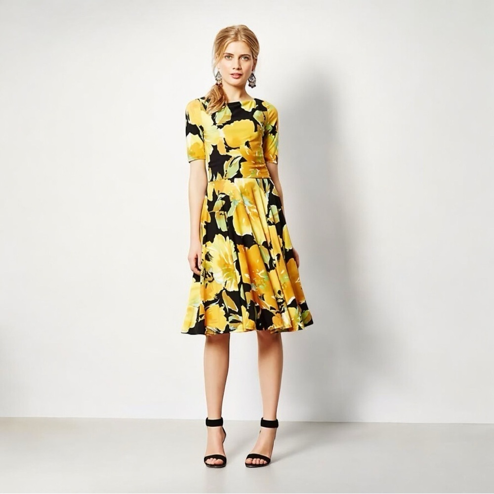 Marc Bouwer Women Yellow Black Floral Fit and‎ Flare Midi Dress Short Sleeve
